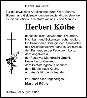 Traueranzeige von Herbert Küthe von Vorpommern Kurier