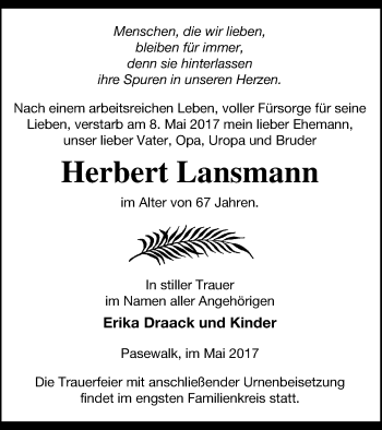 Traueranzeige von Herbert Lansmann von Pasewalker Zeitung