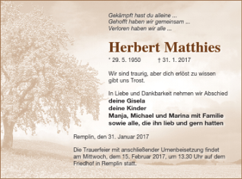 Traueranzeige von Herbert Matthies von Mecklenburger Schweiz