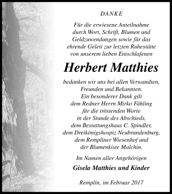 Traueranzeige von Herbert Matthies von Mecklenburger Schweiz