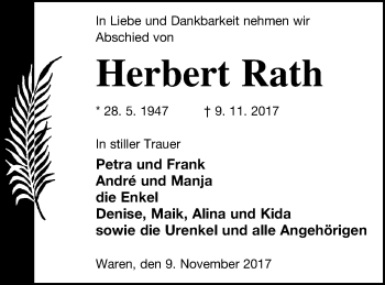 Traueranzeige von Herbert Rath von Müritz-Zeitung