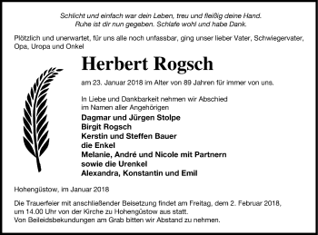 Traueranzeige von Herbert Rogsch von Prenzlauer Zeitung