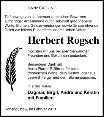 Traueranzeige von Herbert Rogsch von Prenzlauer Zeitung