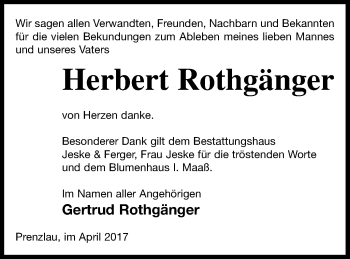 Traueranzeige von Herbert Rothgänger von Prenzlauer Zeitung