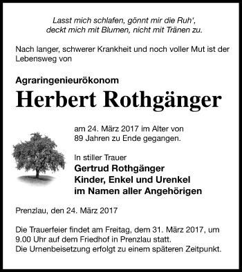Traueranzeige von Herbert Rothgänger von Prenzlauer Zeitung