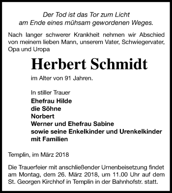 Traueranzeige von Herbert Schmidt von Templiner Zeitung