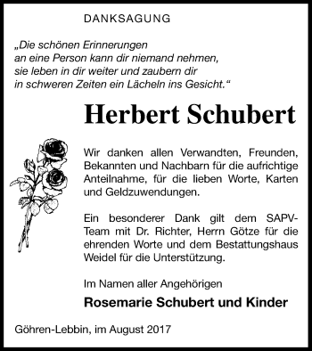 Traueranzeige von Herbert Schubert von Müritz-Zeitung