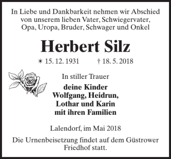 Traueranzeige von Herbert Silz von Güstrower Anzeiger