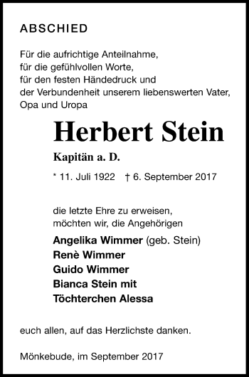 Traueranzeige von Herbert Stein von Haff-Zeitung