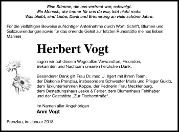 Traueranzeige von Herbert Vogt von Prenzlauer Zeitung