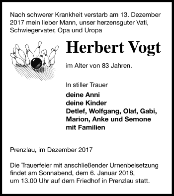 Traueranzeige von Herbert Vogt von Prenzlauer Zeitung