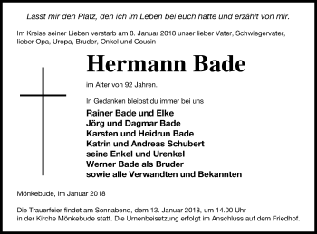 Traueranzeige von Hermann Bade von Haff-Zeitung