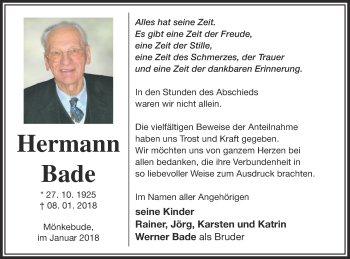 Traueranzeige von Hermann Bade von Haff-Zeitung