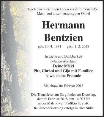 Traueranzeige von Hermann Bentzien von Müritz-Zeitung