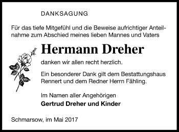 Traueranzeige von Hermann Dreher von Vorpommern Kurier