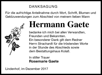 Traueranzeige von Hermann Gaete von Demminer Zeitung