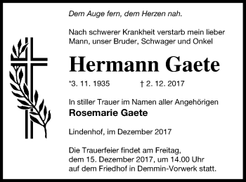 Traueranzeige von Hermann Gaete von Demminer Zeitung