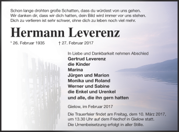 Traueranzeige von Hermann Leverenz von Mecklenburger Schweiz