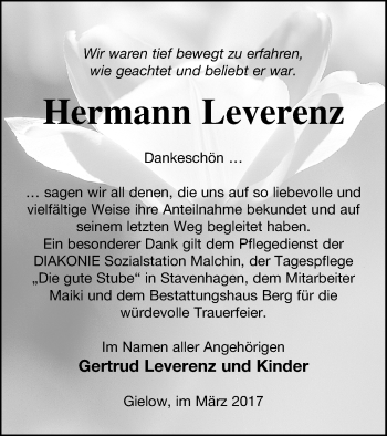 Traueranzeige von Hermann Leverenz von Mecklenburger Schweiz