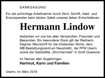 Traueranzeige von Hermann Lindow von Strelitzer Zeitung