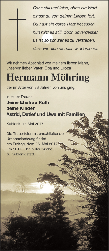 Traueranzeige von Hermann Möhring von Neubrandenburger Zeitung