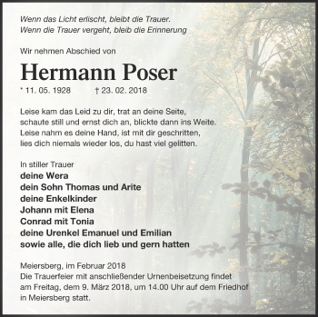 Traueranzeige von Hermann Poser von Haff-Zeitung