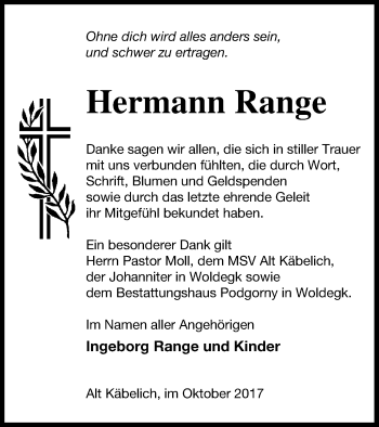 Traueranzeige von Hermann Range von Strelitzer Zeitung