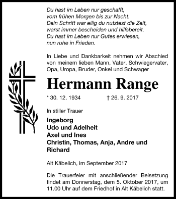 Traueranzeige von Hermann Range von Strelitzer Zeitung