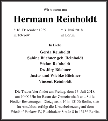 Traueranzeige von Hermann Reinholdt von Strelitzer Zeitung