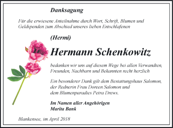 Traueranzeige von Hermann Schenkowitz von Pasewalker Zeitung