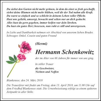 Traueranzeige von Hermann Schenkowitz von Pasewalker Zeitung