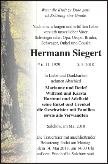 Traueranzeige von Hermann Siegert von Vorpommern Kurier