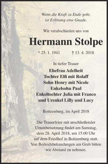 Traueranzeige von Hermann Stolpe von Prenzlauer Zeitung