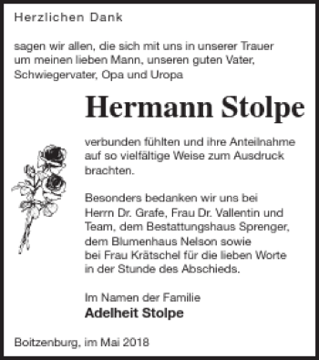 Traueranzeige von Hermann Stolpe von Prenzlauer Zeitung