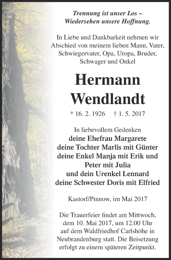 Traueranzeige von Hermann Wendlandt von Neubrandenburger Zeitung