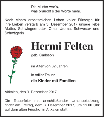 Traueranzeige von Hermi Felten von Mecklenburger Schweiz