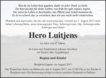 Traueranzeige von Hero Luitjens von Pasewalker Zeitung