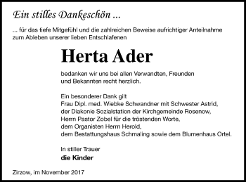 Traueranzeige von Herta Ader von Neubrandenburger Zeitung