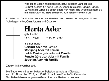 Traueranzeige von Herta Ader von Neubrandenburger Zeitung