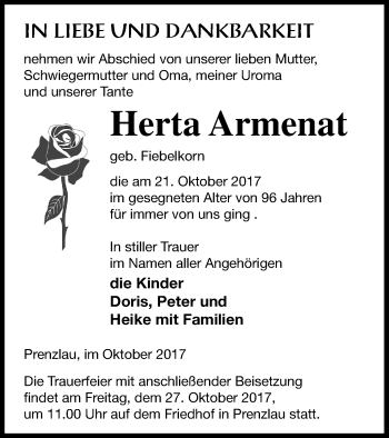 Traueranzeige von Herta Armenat von Prenzlauer Zeitung