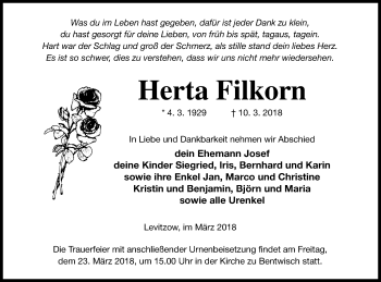 Traueranzeige von Herta Filkorn von Mecklenburger Schweiz