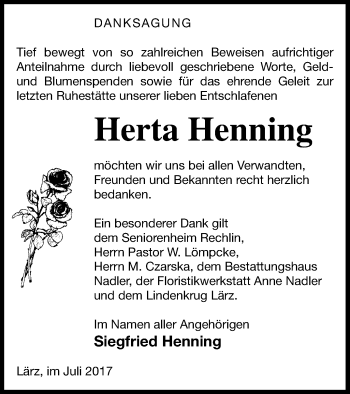 Traueranzeige von Herta Henning von Strelitzer Zeitung