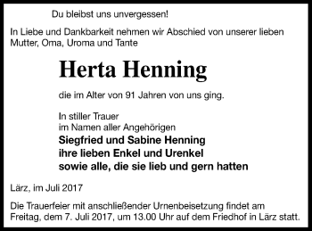 Traueranzeige von Herta Henning von Strelitzer Zeitung