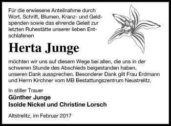 Traueranzeige von Herta Junge von Strelitzer Zeitung