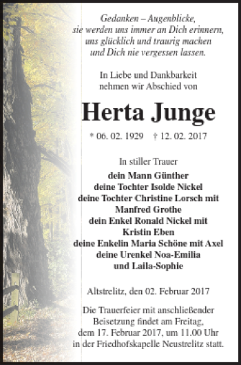 Traueranzeige von Herta Junge von Strelitzer Zeitung