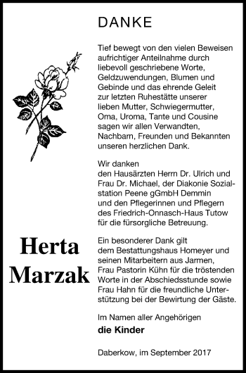 Traueranzeige von Herta Marzak von Vorpommern Kurier