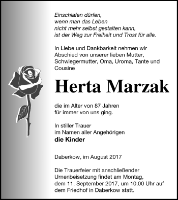 Traueranzeige von Herta Marzak von Vorpommern Kurier