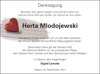 Traueranzeige von Herta Mlodojewski von Müritz-Zeitung