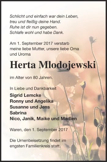 Traueranzeige von Herta Mlodojewski von Müritz-Zeitung