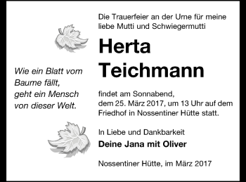Traueranzeige von Herta Teichmann von Müritz-Zeitung